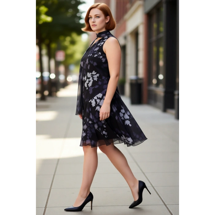 Kadın Çiçekli Desen Şifon Dokuma A Kesim Boyundan Bağlamalı Mini Elbise İlkbahar Yaz İçin İdeal