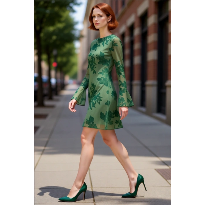 Kadın Çiçekli Desenli Bodycon Mini Tül Elbise Uzun Flare Kollu Astarlı Şık ve Modern Tasarım