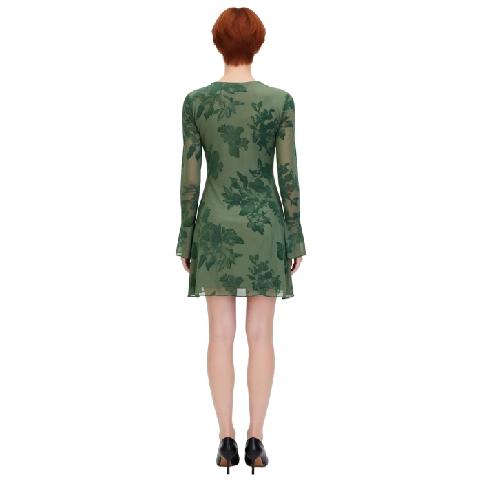 Kadın Çiçekli Desenli Bodycon Mini Tül Elbise Uzun Flare Kollu Astarlı Şık ve Modern Tasarım