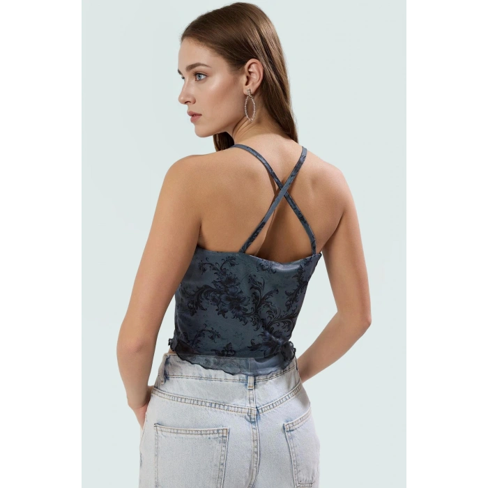 Kadın Çiçekli Desenli Fitted Crop Bluz Astarlı Tül Örme Dayanıklı Malzeme Günlük Kullanım İçin