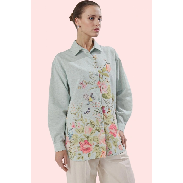 Kadın Çiçekli Desenli Oversize Keten Görünümlü Gömlek Polyester Günlük Kullanım Hafta Sonu