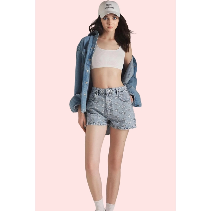 Kadın Çiçekli Desenli Yüksek Bel Denim Şort Pamuklu Günlük Kombinler Yaz Aylarının Vazgeçilmezi