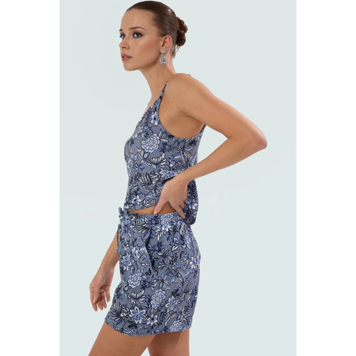 Kadın Çiçekli Örme Askılı Crop Üst Ve Şort Takım Rahat Günlük Stil Trend Tasarım