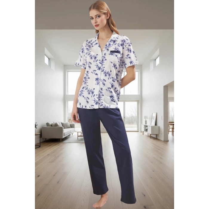 Kadın Çiçekli Pamuklu Pijama Takımı Rahat Kalıp Trend Tasarım Kullanım Modern Stil