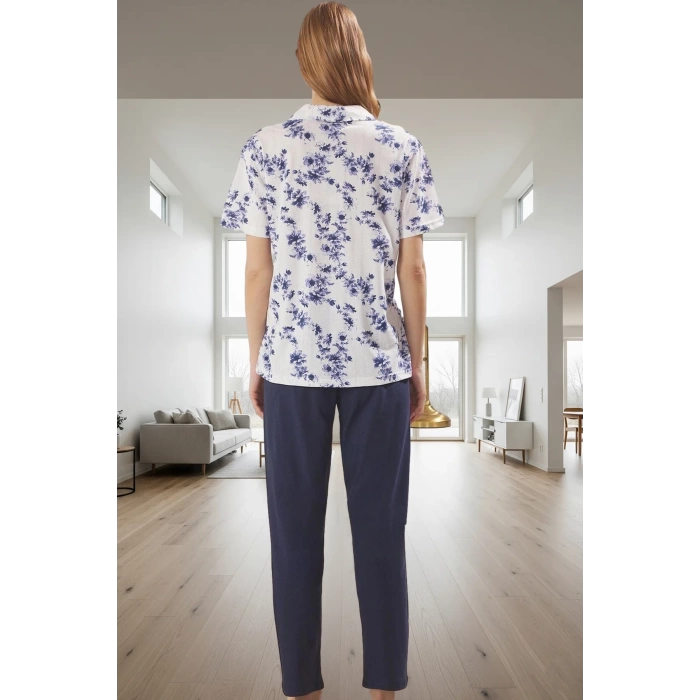 Kadın Çiçekli Pamuklu Pijama Takımı Rahat Kalıp Trend Tasarım Kullanım Modern Stil