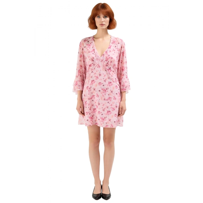 Kadın Çiçekli V Yaka Skater Polyester Mini Elbise Yarasa Kollu Astarlı Kokteyl Şıklığı İçin İdeal