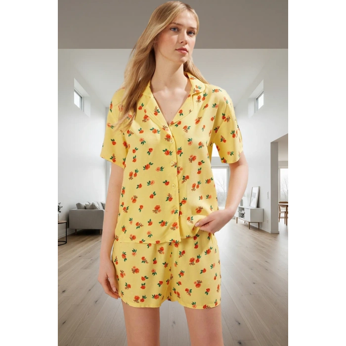 Kadın Çiçekli Viskon Pijama Takımı Kısa Kollu Gömlek ve Şort Yazlık Rahat Uyku Seti Uzun Ömürlü