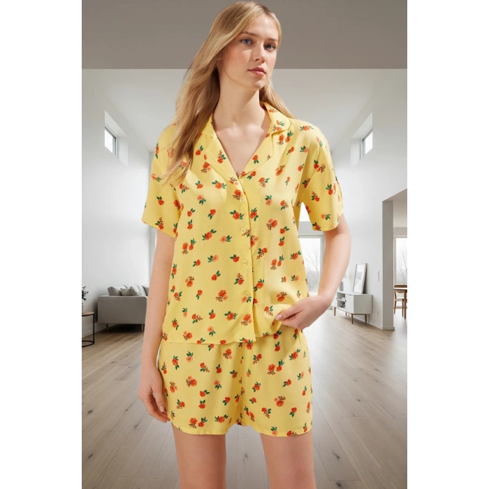 Kadın Çiçekli Viskon Pijama Takımı Kısa Kollu Gömlek ve Şort Yazlık Rahat Uyku Seti Uzun Ömürlü