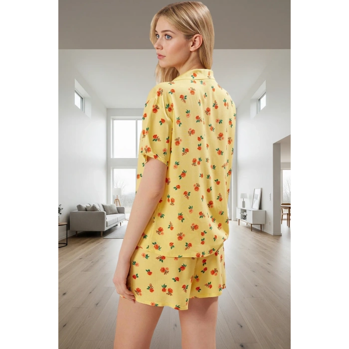 Kadın Çiçekli Viskon Pijama Takımı Kısa Kollu Gömlek ve Şort Yazlık Rahat Uyku Seti Uzun Ömürlü