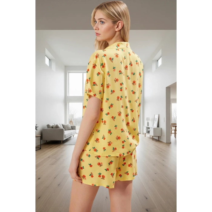 Kadın Çiçekli Viskon Pijama Takımı Kısa Kollu Gömlek ve Şort Yazlık Rahat Uyku Seti Uzun Ömürlü