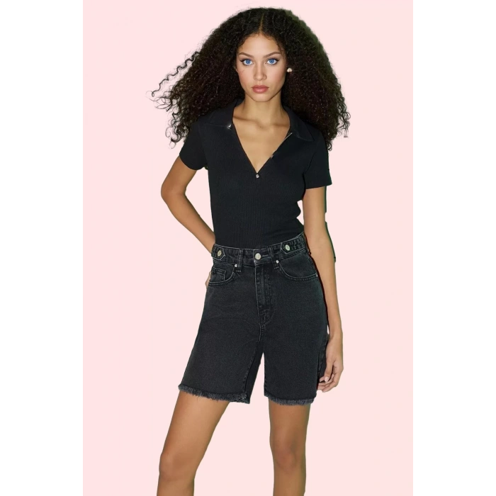 Kadın City Short Denim Şort Yüksek Bel Boru Paça Pamuklu Günlük Kullanım Dayanıklı Malzeme
