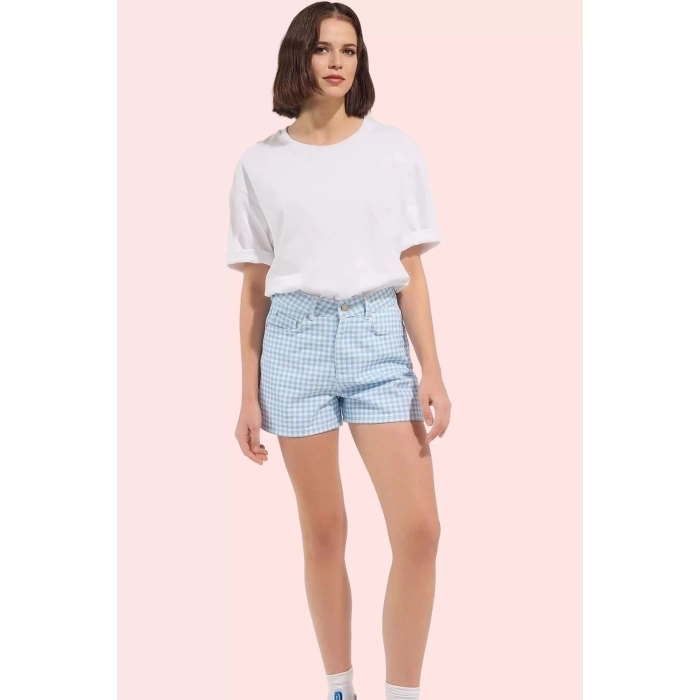 Kadın City Short Ekose Desen Boru Paça Denim Şort Pamuklu Günlük Kombinler Kaliteli Malzeme