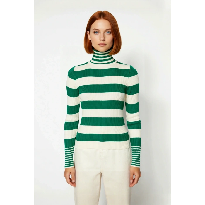 Kadın Çizgili Balıkçı Yaka Triko Kazak Basic Regular Kalıp Kışlık Uzun Kollu Günlük Şıklık Sunar