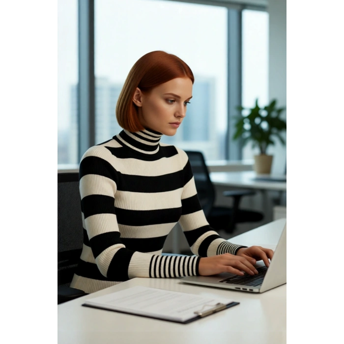 Kadın Çizgili Balıkçı Yaka Triko Kazak Basic Regular Kalıp Kışlık Uzun Kollu Günlük Şıklık Sunar