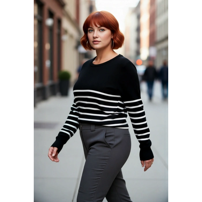 Kadın Çizgili Bisiklet Yaka Relaxed Kalıp Uzun Kollu Triko Kazak Günlük Şıklık ve Konfor Sunar