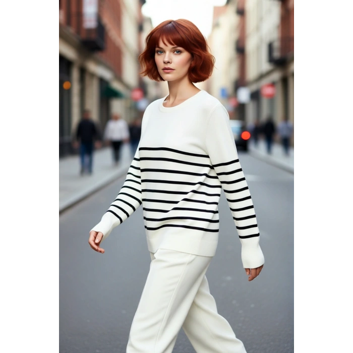 Kadın Çizgili Bisiklet Yaka Relaxed Kalıp Uzun Kollu Triko Kazak Günlük Şıklık ve Konfor Sunar
