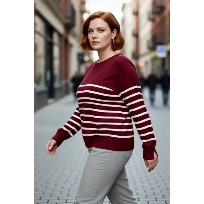 Kadın Çizgili Bisiklet Yaka Relaxed Kalıp Uzun Kollu Triko Kazak Günlük Şıklık ve Konfor Sunar