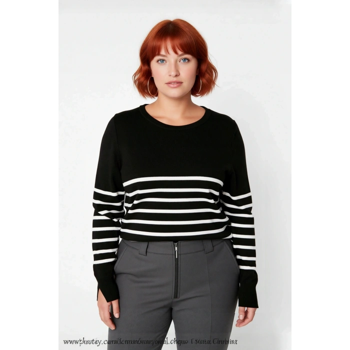 Kadın Çizgili Bisiklet Yaka Relaxed Kalıp Uzun Kollu Triko Kazak Günlük Şıklık ve Konfor Sunar