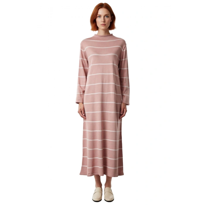 Kadın Çizgili Dik Yaka Triko Elbise A line Kesim Uzun Kollu Kış Günleri İçin Çok Şık Kaliteli