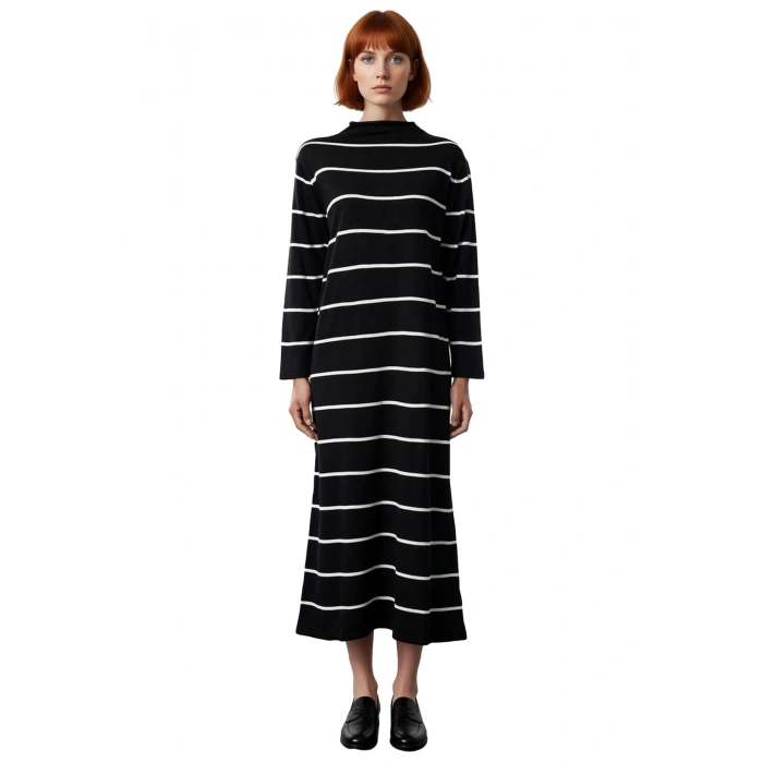 Kadın Çizgili Dik Yaka Triko Elbise A line Kesim Uzun Kollu Kış Günleri İçin Çok Şık Kaliteli