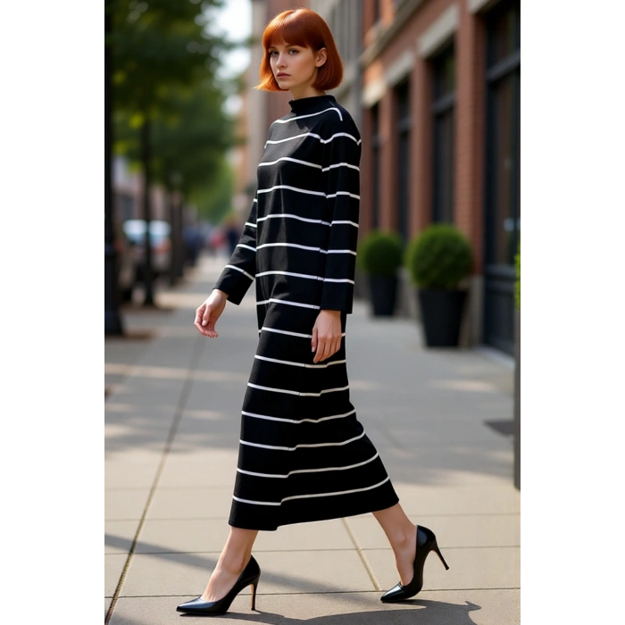 Kadın Çizgili Dik Yaka Triko Elbise A line Kesim Uzun Kollu Kış Günleri İçin Çok Şık Kaliteli