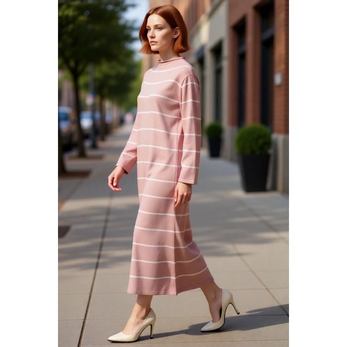 Kadın Çizgili Dik Yaka Triko Elbise A line Kesim Uzun Kollu Kış Günleri İçin Çok Şık Kaliteli