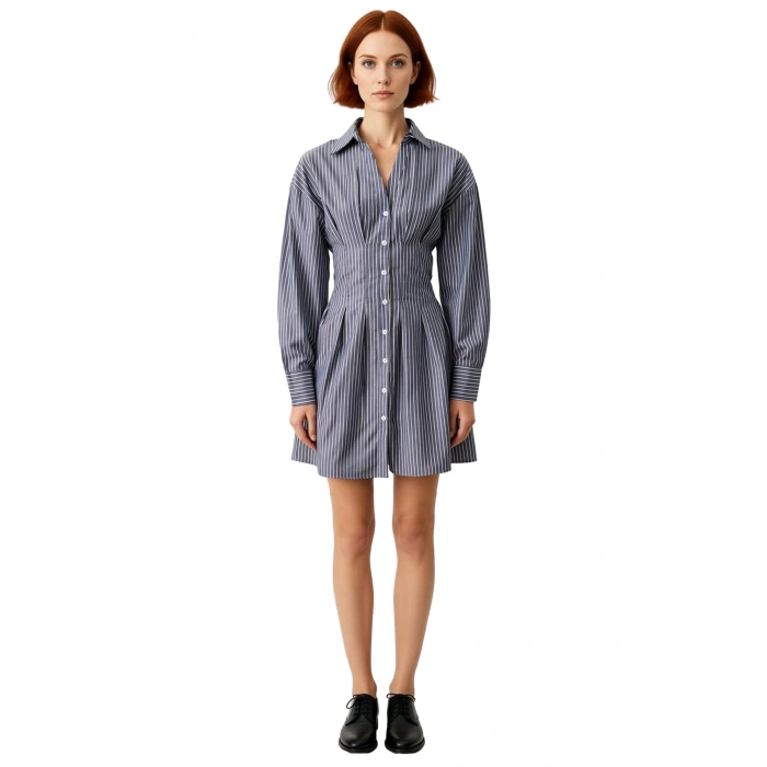Kadın Çizgili Dokuma Gömlek Elbise Düşük Uzun Kol Mini Kesim Şık Yaka Tasarımı Günlük