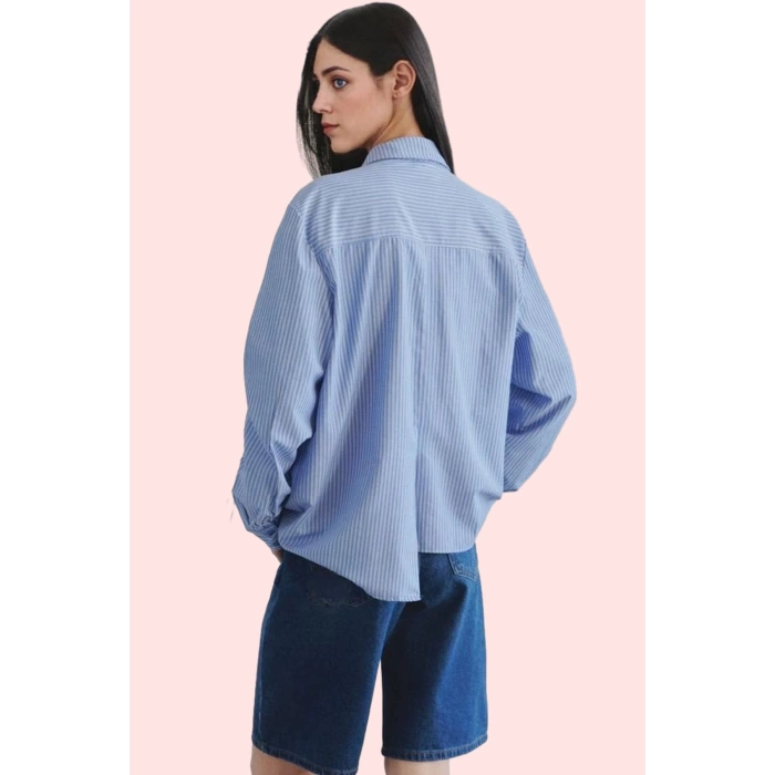 Kadın Çizgili Dokuma Gömlek Oversize Kalıp Günlük Kullanım İçin Yaz Aylarının Vazgeçilmezi
