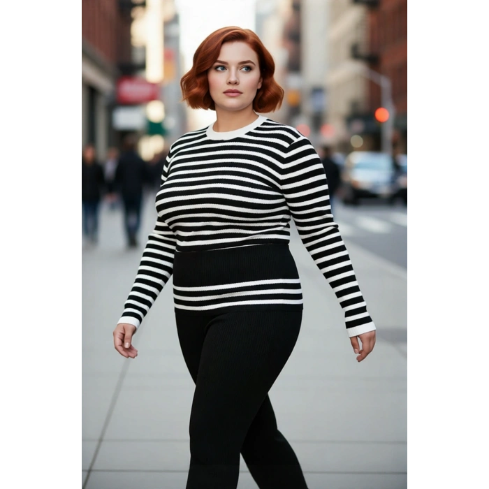 Kadın Çizgili Fitilli Triko Kazak İnce Yapısı İle Kış Aylarında Modern Bir Görünüm Sağlar Kaliteli