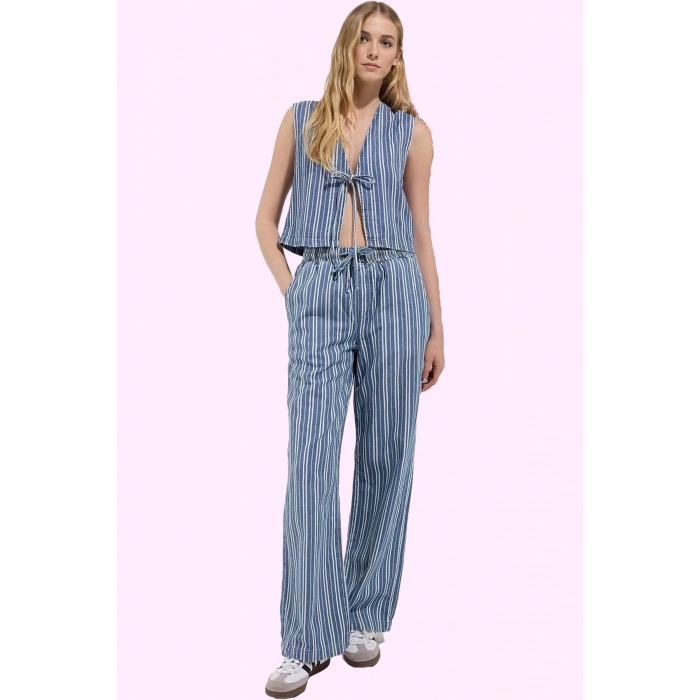 Kadın Çizgili Geniş Paça Pantolon Yüksek Bel Denim Yazlık Günlük Kullanım Kaliteli Malzeme