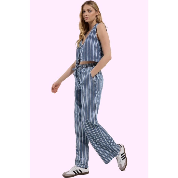 Kadın Çizgili Geniş Paça Pantolon Yüksek Bel Denim Yazlık Günlük Kullanım Kaliteli Malzeme