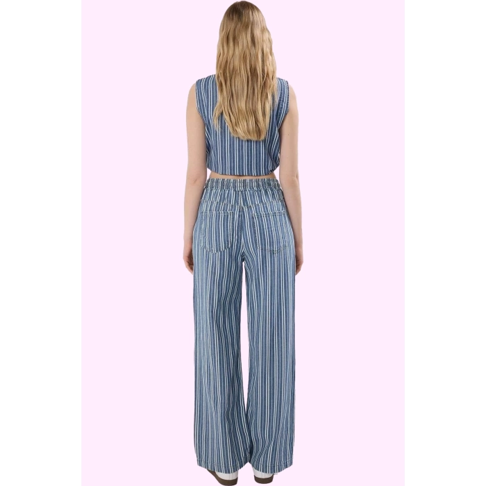 Kadın Çizgili Geniş Paça Pantolon Yüksek Bel Denim Yazlık Günlük Kullanım Kaliteli Malzeme