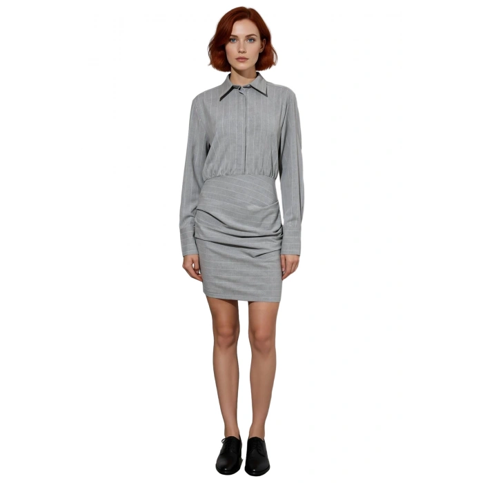 Kadın Çizgili Gömlek Yaka Uzun Kollu Dokuma Drape Detaylı Günlük Şık Mini Elbise Stili