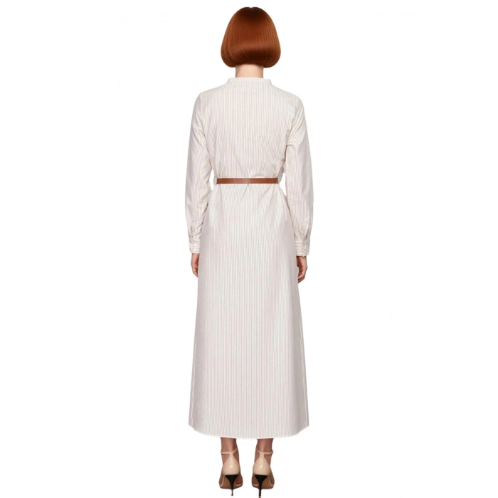 Kadın Çizgili Kemer Detaylı Dokuma Maxi Elbise Hakim Yaka Uzun Kollu A line Kalıp Günlük Şıklık