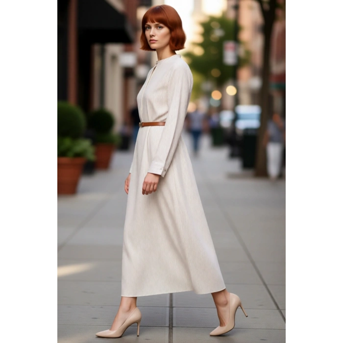 Kadın Çizgili Kemer Detaylı Dokuma Maxi Elbise Hakim Yaka Uzun Kollu A line Kalıp Günlük Şıklık