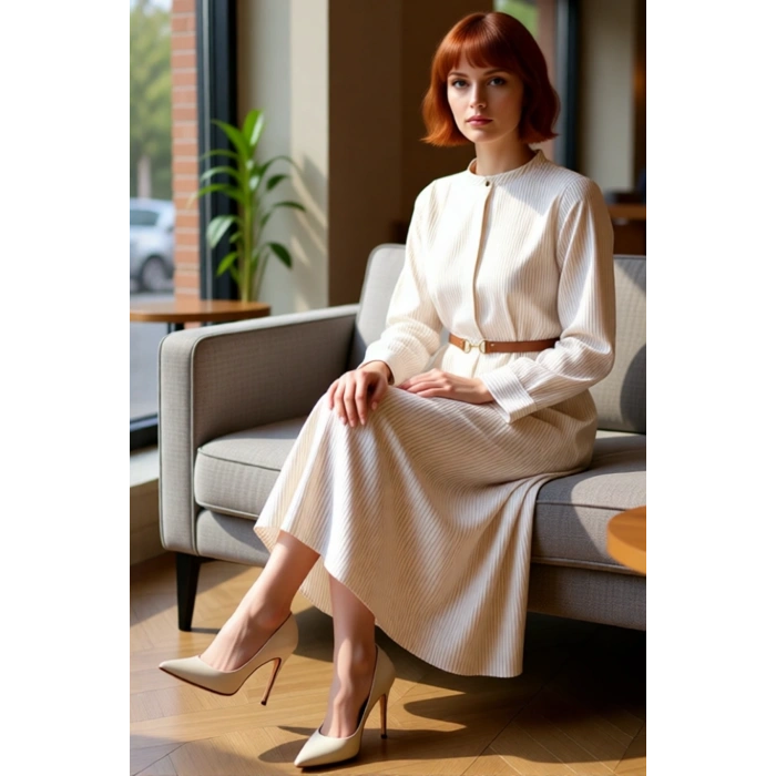 Kadın Çizgili Kemer Detaylı Dokuma Maxi Elbise Hakim Yaka Uzun Kollu A line Kalıp Günlük Şıklık