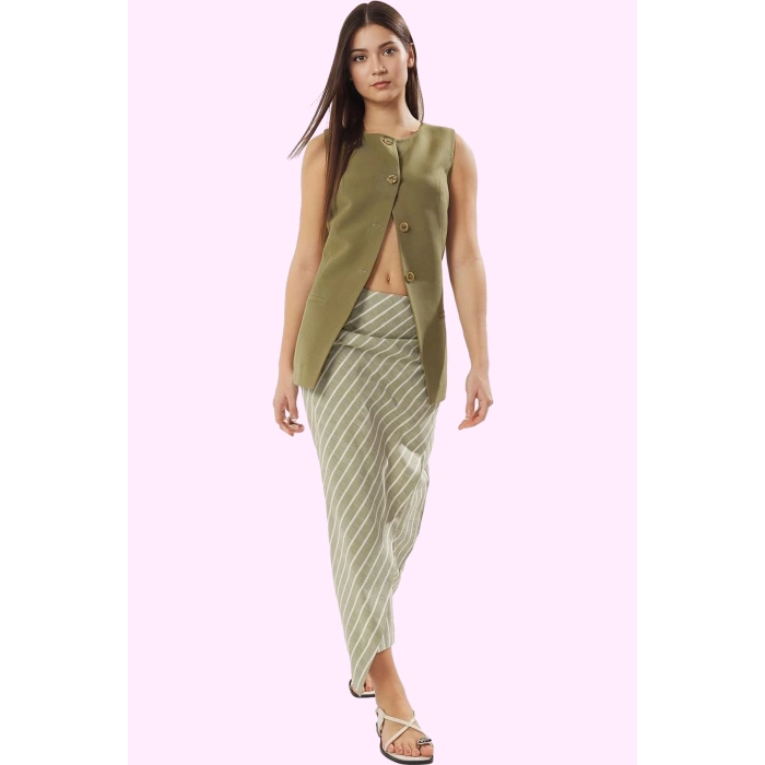 Kadın Çizgili Keten Görünümlü Pamuklu Sarong Midi Etek Günlük Yaz Kombinleri Modern Tasarım