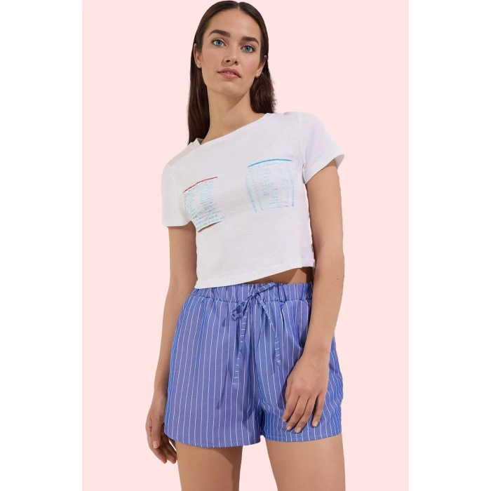 Kadın Çizgili Mini Şort Yüksek Bel Geniş Paça Terrycotton Dokuma Kısa Boy Yaz Ayları Günlük Kullanım