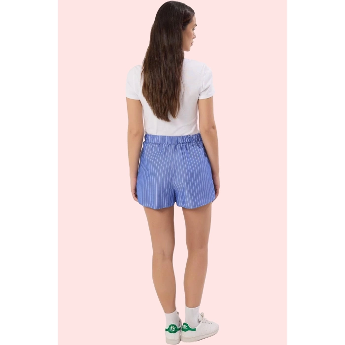 Kadın Çizgili Mini Şort Yüksek Bel Geniş Paça Terrycotton Dokuma Kısa Boy Yaz Ayları Günlük Kullanım
