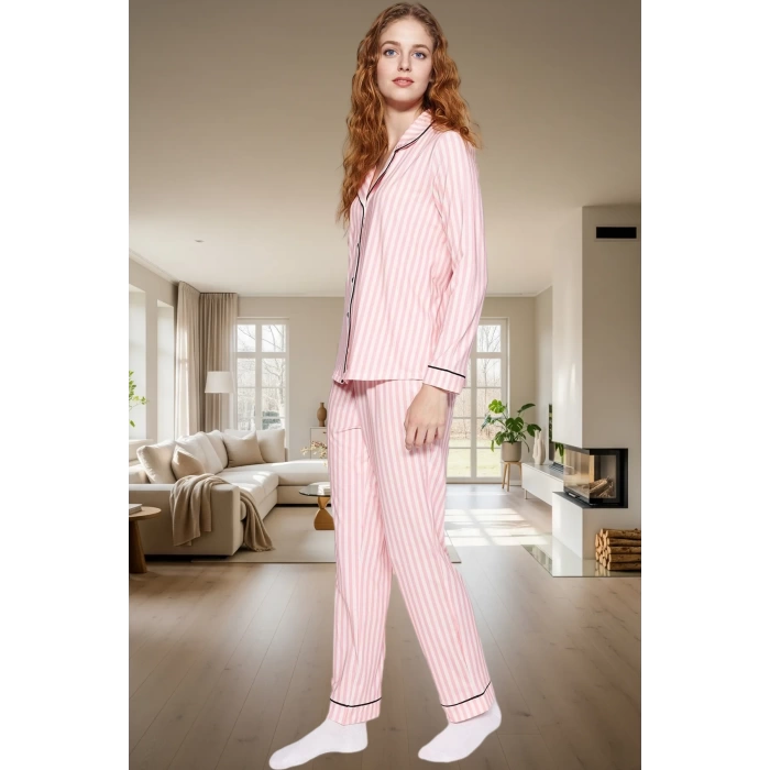Kadın Çizgili Örme Pijama Takımı Rahat Ev Giyim Seti Mükemmel Uyum Günlük Kullanım İçin