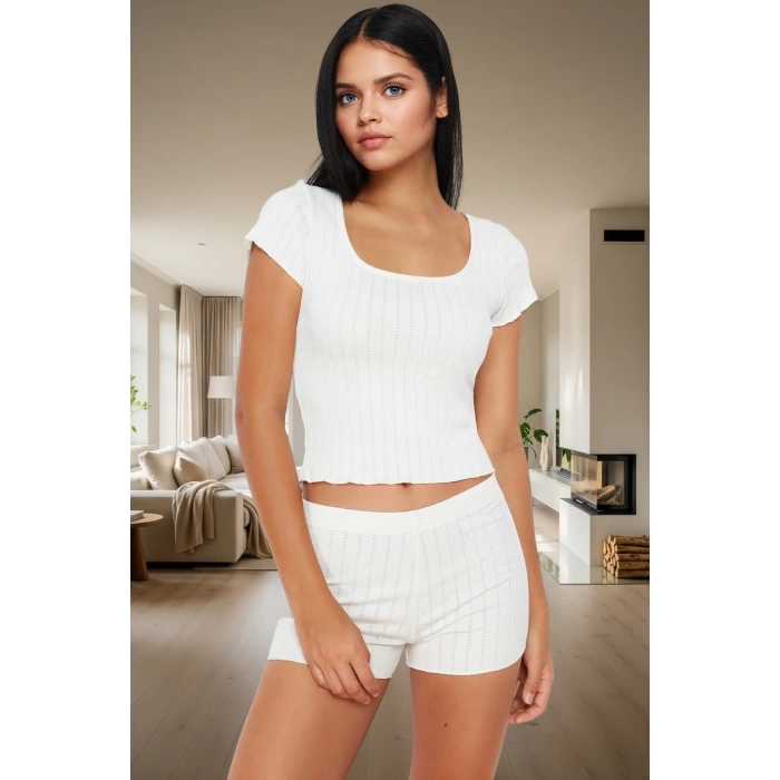 Kadın Çizgili Örme Pijama Takımı Rahat Kalıp Kisa Kol Boru Paça Premium Kalite