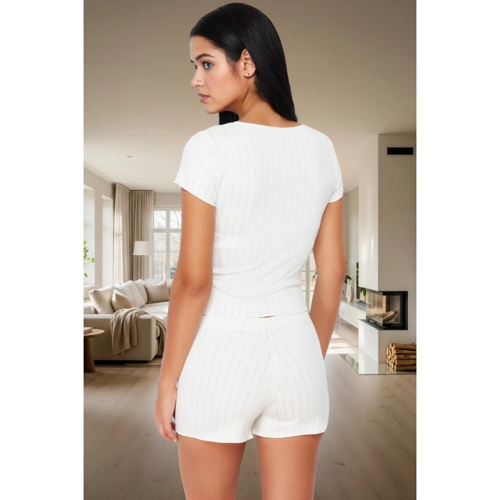 Kadın Çizgili Örme Pijama Takımı Rahat Kalıp Kisa Kol Boru Paça Premium Kalite