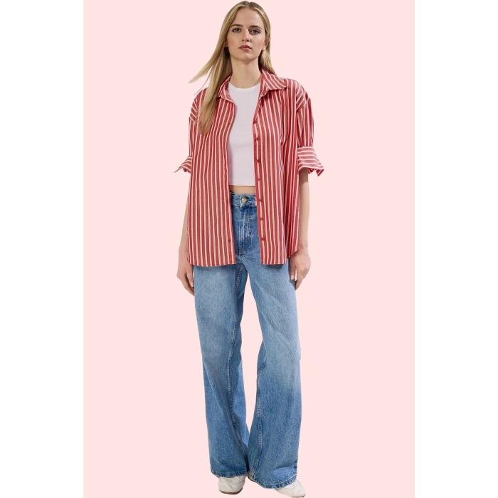 Kadın Çizgili Oversize Gömlek Basic Siluet Uzun Kollu Günlük Kombinler Yaz Aylarının Vazgeçilmezi