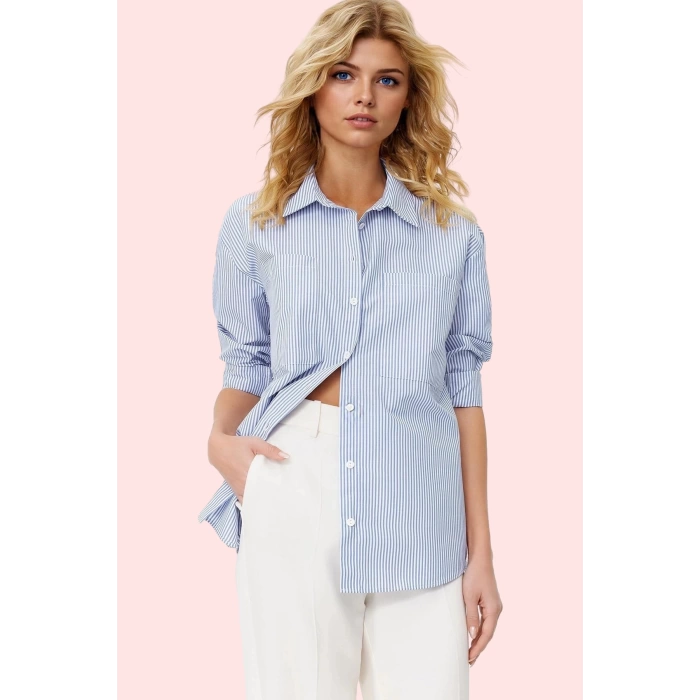 Kadın Çizgili Oversize Gömlek Basic Siluet Uzun Kollu Rahat Günlük Yaz Aylarının Vazgeçilmezi