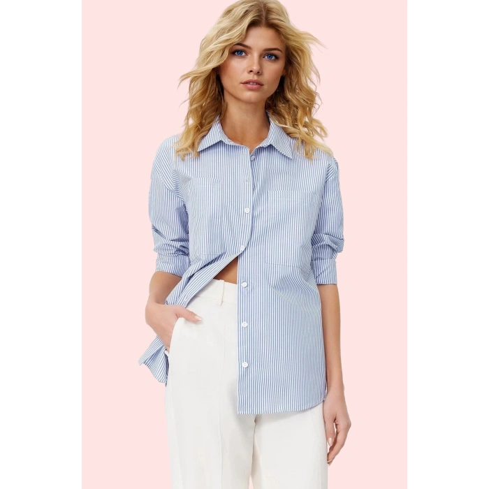Kadın Çizgili Oversize Gömlek Basic Siluet Uzun Kollu Rahat Günlük Yaz Aylarının Vazgeçilmezi