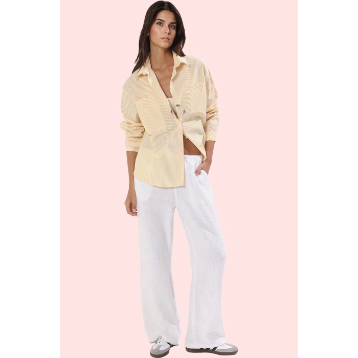 Kadın Çizgili Oversize Gömlek Basic Siluet Uzun Kollu Rahat Günlük Yaz Aylarının Vazgeçilmezi