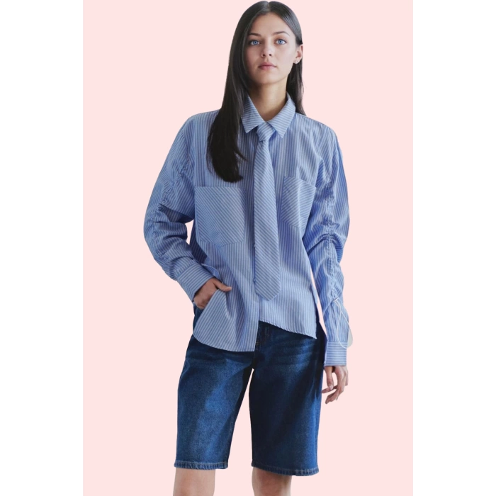Kadın Çizgili Oversize Gömlek Dokuma Kumaş Günlük Stil Hafta Sonu Yaz Aylarının Vazgeçilmezi