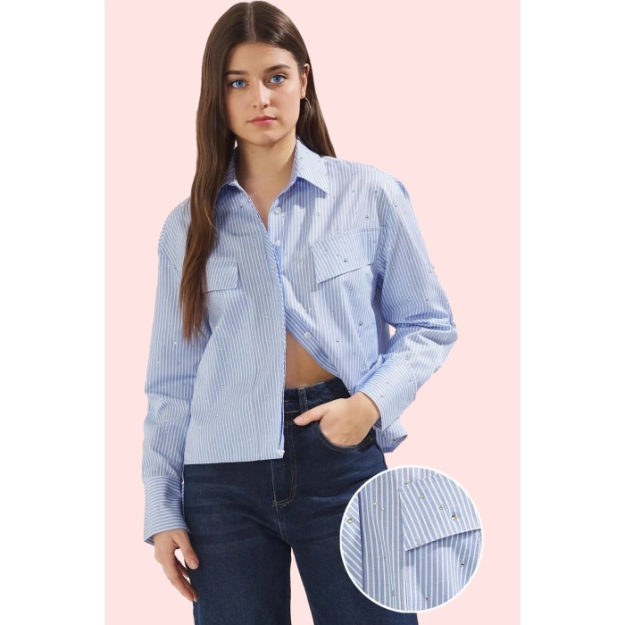 Kadın Çizgili Oversize Gömlek; Taş Detaylı Cepler; Regular Boy; Rahat Günlük Stiller Hafta Sonu