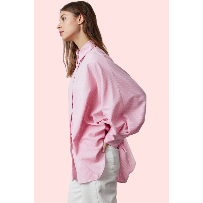 Kadın Çizgili Oversize Gömlek Uzun Kollu Rahat Günlük Stil Hafta Sonu Yaz Aylarının Vazgeçilmezi