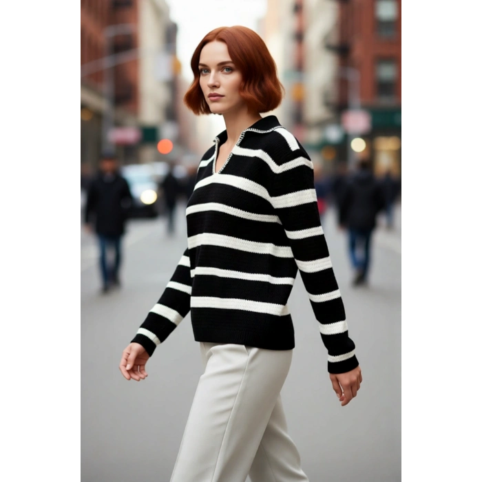 Kadın Çizgili Oversize Polo Yaka Düşük Kol Akrilik Triko Kazak Kışlık Basic Tarzınızı Tamamlar